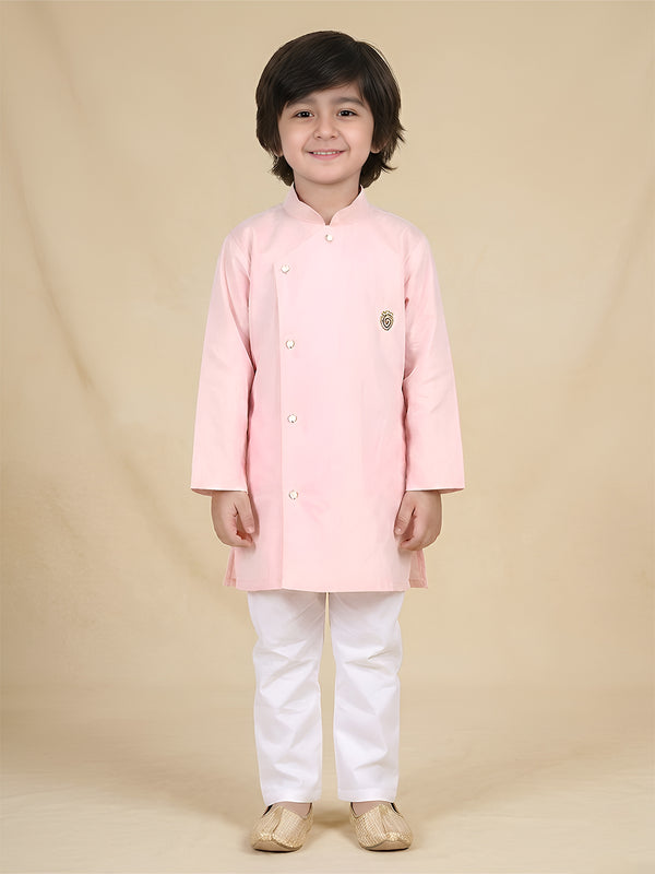 Polka Tots Full Sleeve Solid Ethnic Kurta Pyjama Set - Peach