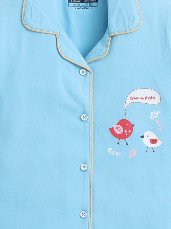 Polka Tots Half sleeves Little Birdy Print Night Suit - Blue