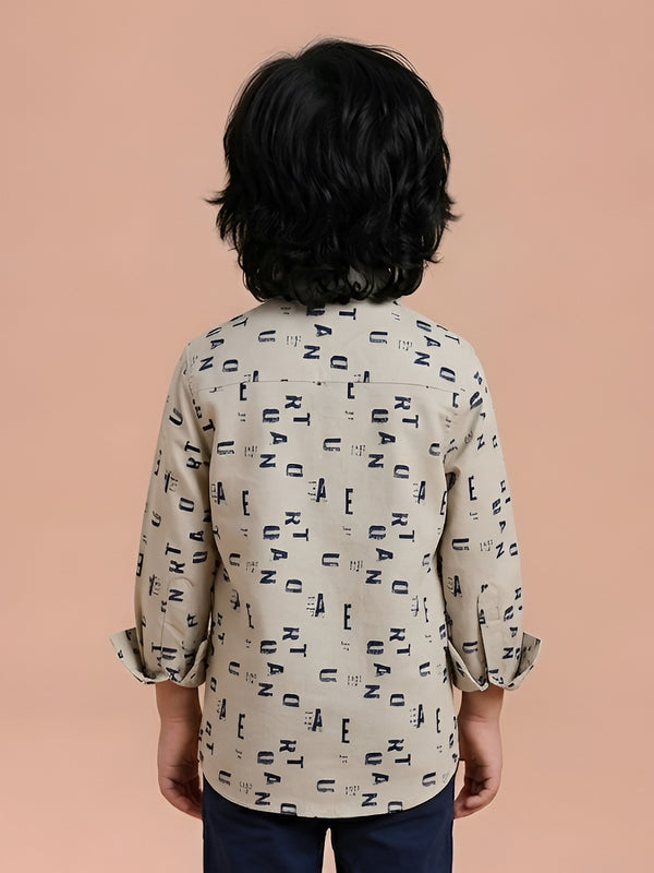 Polka Tots Full Sleeve Lycra Shirt Alphabet Print with Bow Tie Cream