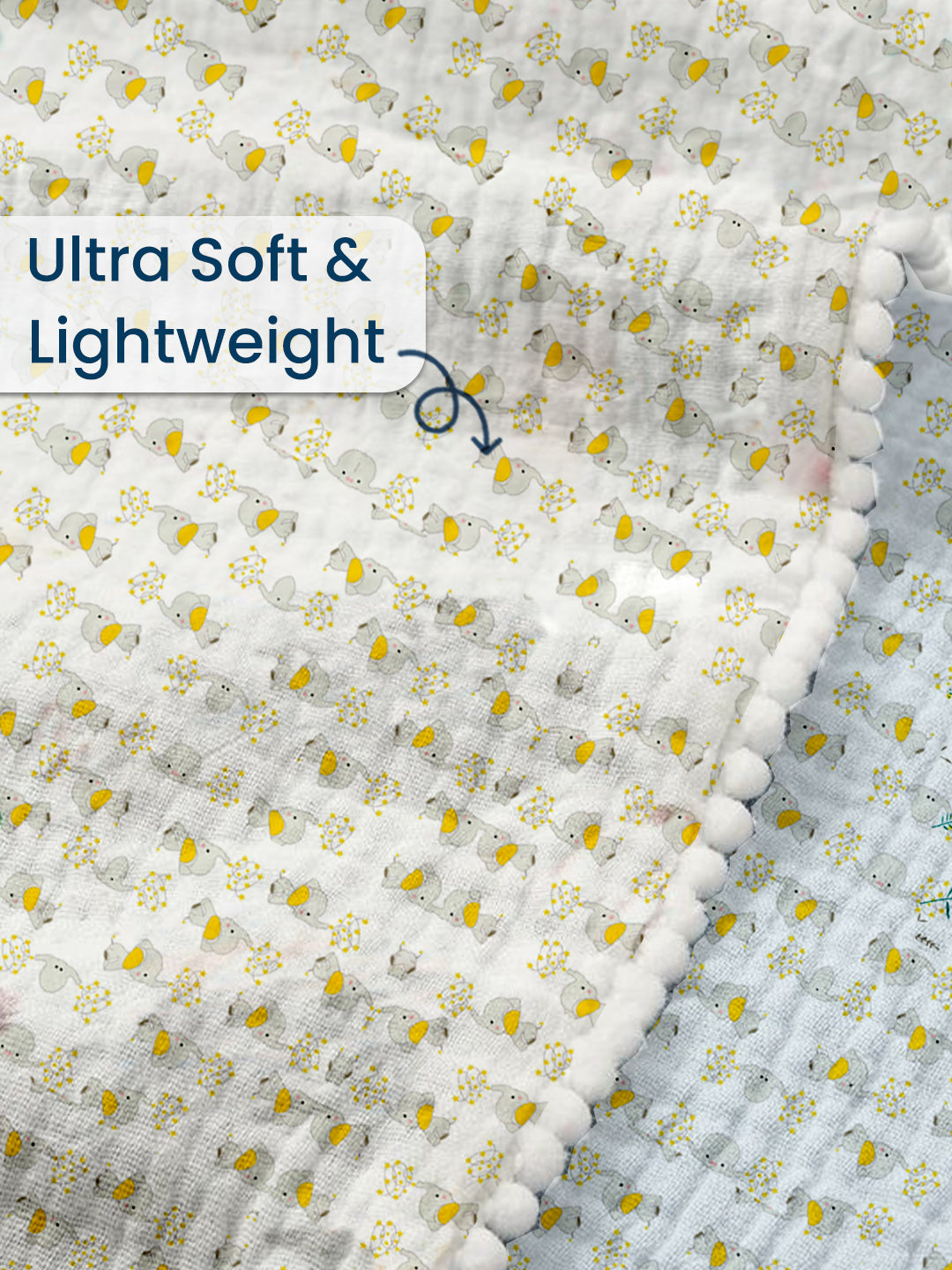 Polka Tots 100% Soft Muslin Cotton 3-Layer Reversible Baby Blanket/Dohar with Pom-Pom Lace - Jumbo Jr. & Hello Baby Print