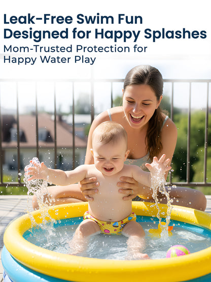 Woman and baby playing in a small inflatable pool with text about leak-free swim fun and happy water play.