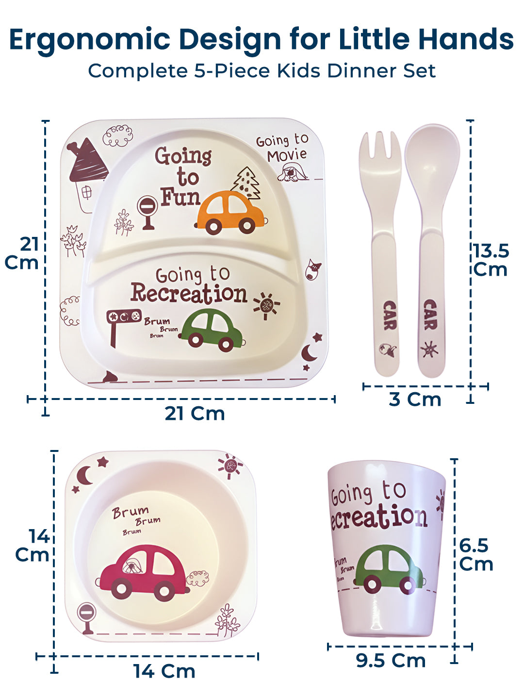 Eco Friendly 5 Pieces Bamboo Fiber Kids Dinner Set (Car)