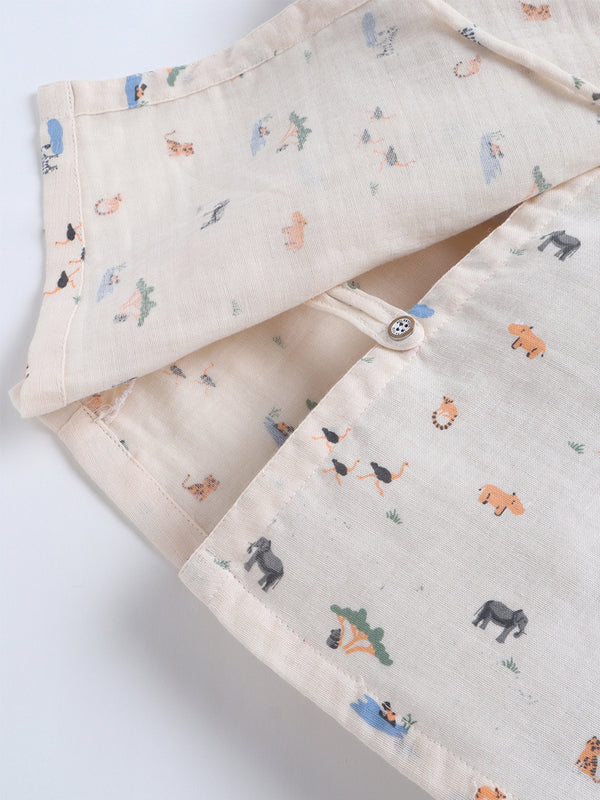 Polka Tots Wrinkled Muslin Cotton Jungle Safari Print Kediya Jhabla & Pant Set - Peach