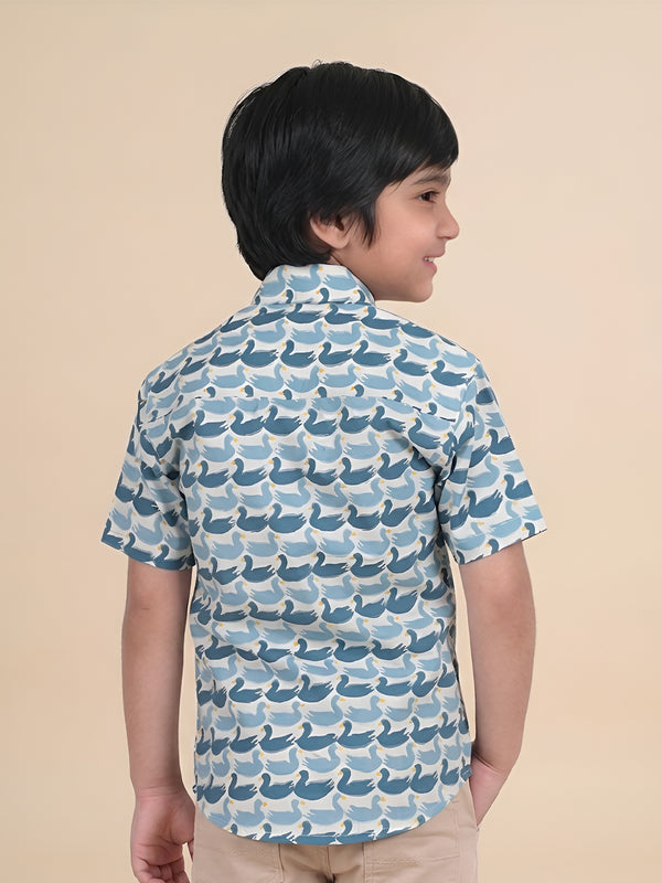 Polka Tots Half Sleeves Swan print Shirt - Blue