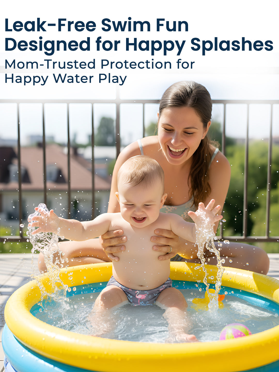 Woman and child playing in a inflatable pool with text about leak-free swim fun and happy water play.