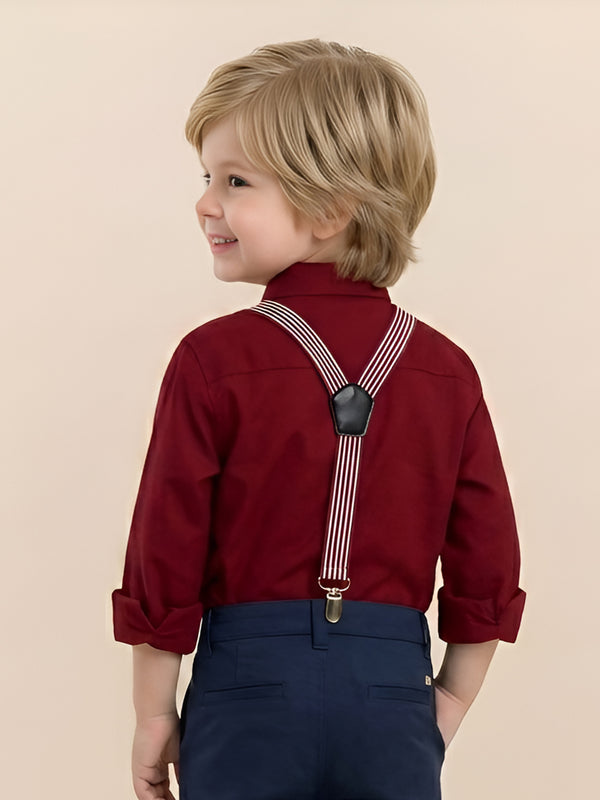 Polka Tots plain party shirt with wood bow tie and stripe suspender - Red