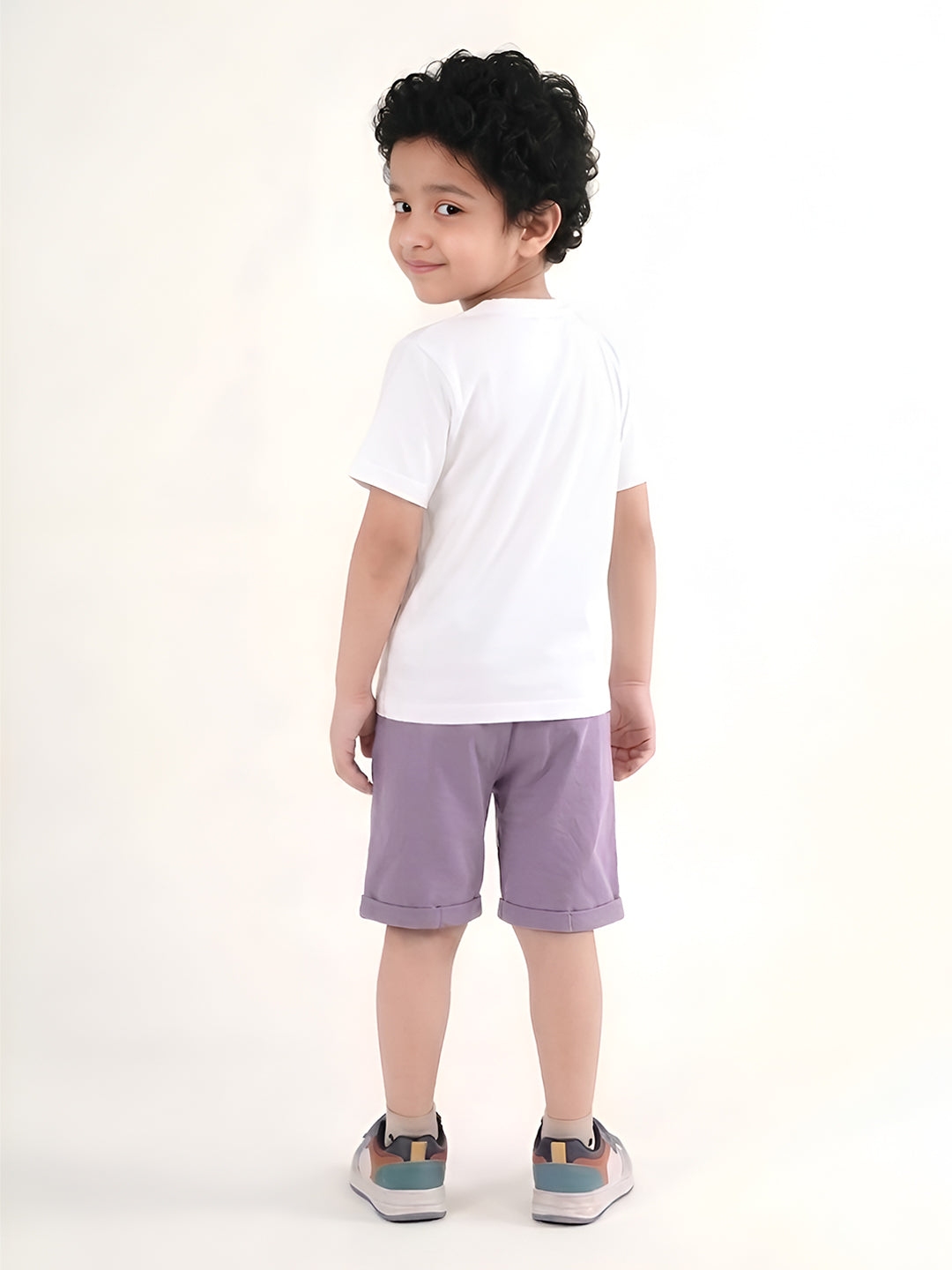 Polka Tots Half Sleeves Camera print T-Shirt Shorts - White and Purple