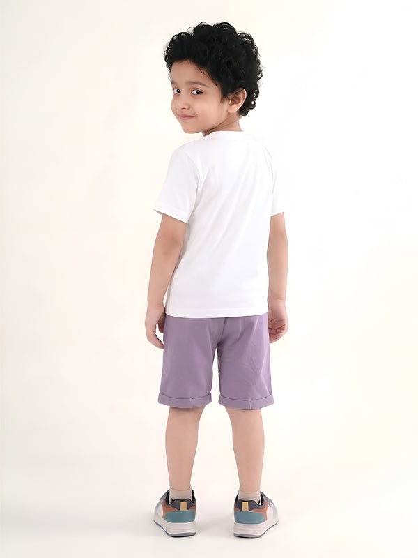 Polka Tots Half Sleeves Camera print T-Shirt Shorts - White and Purple