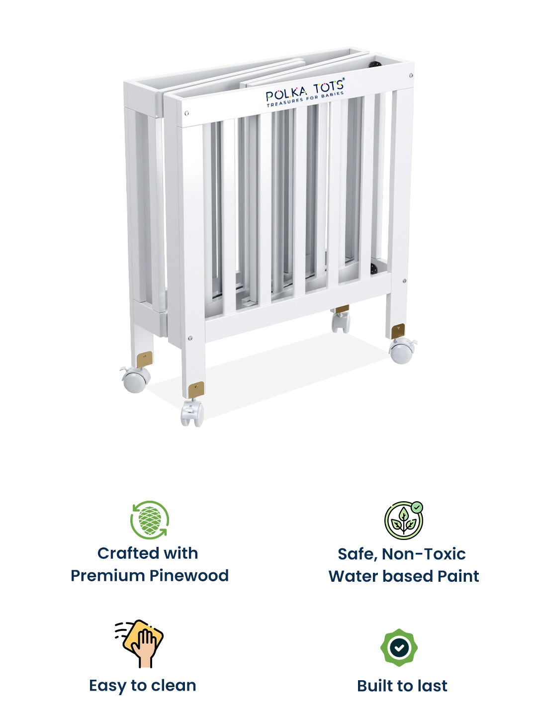 White crib with Polka Toys branding on a white background, featuring eco-friendly attributes.