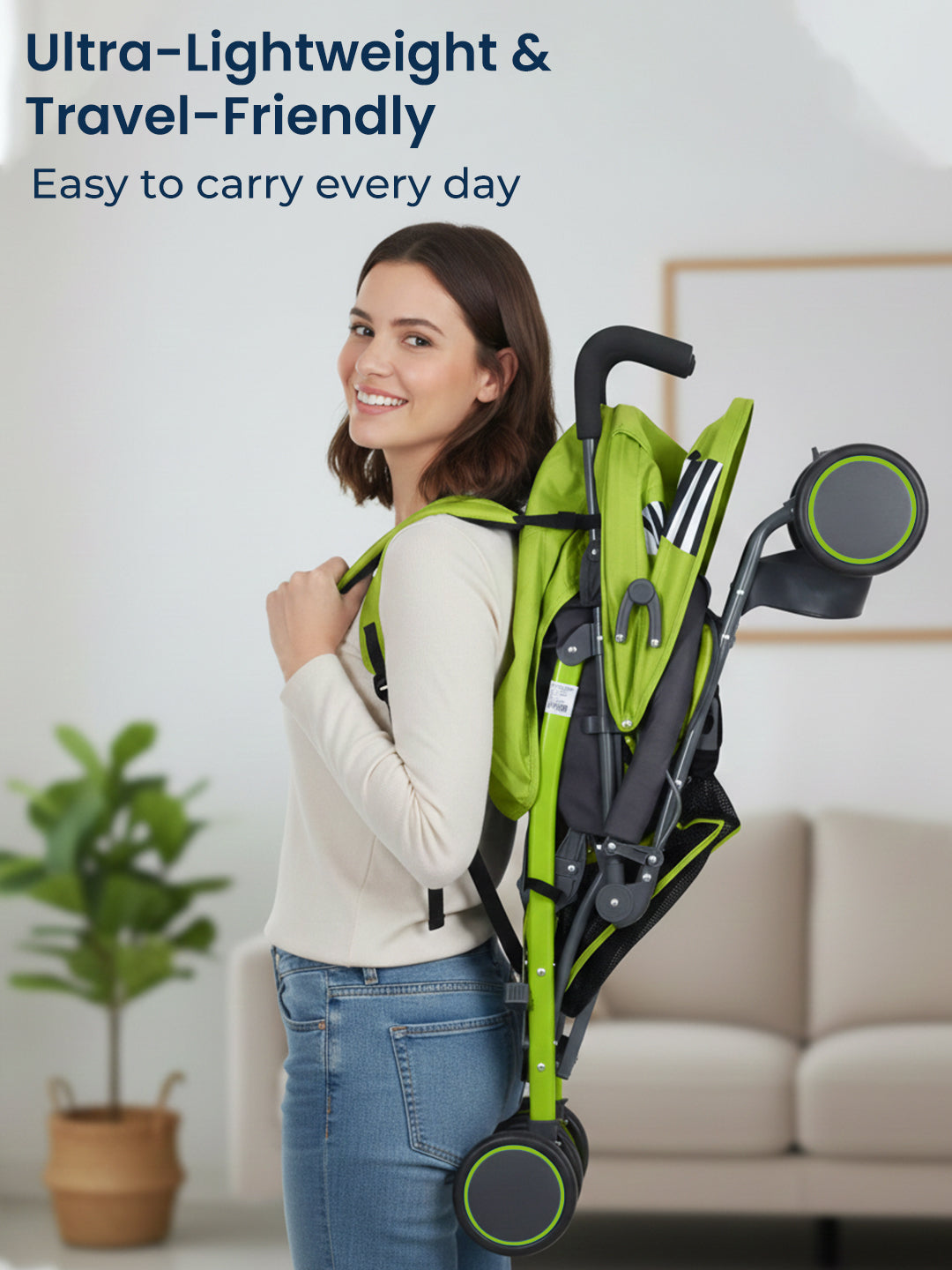 Woman carrying a green and black stroller with text about its lightweight and travel-friendly design.