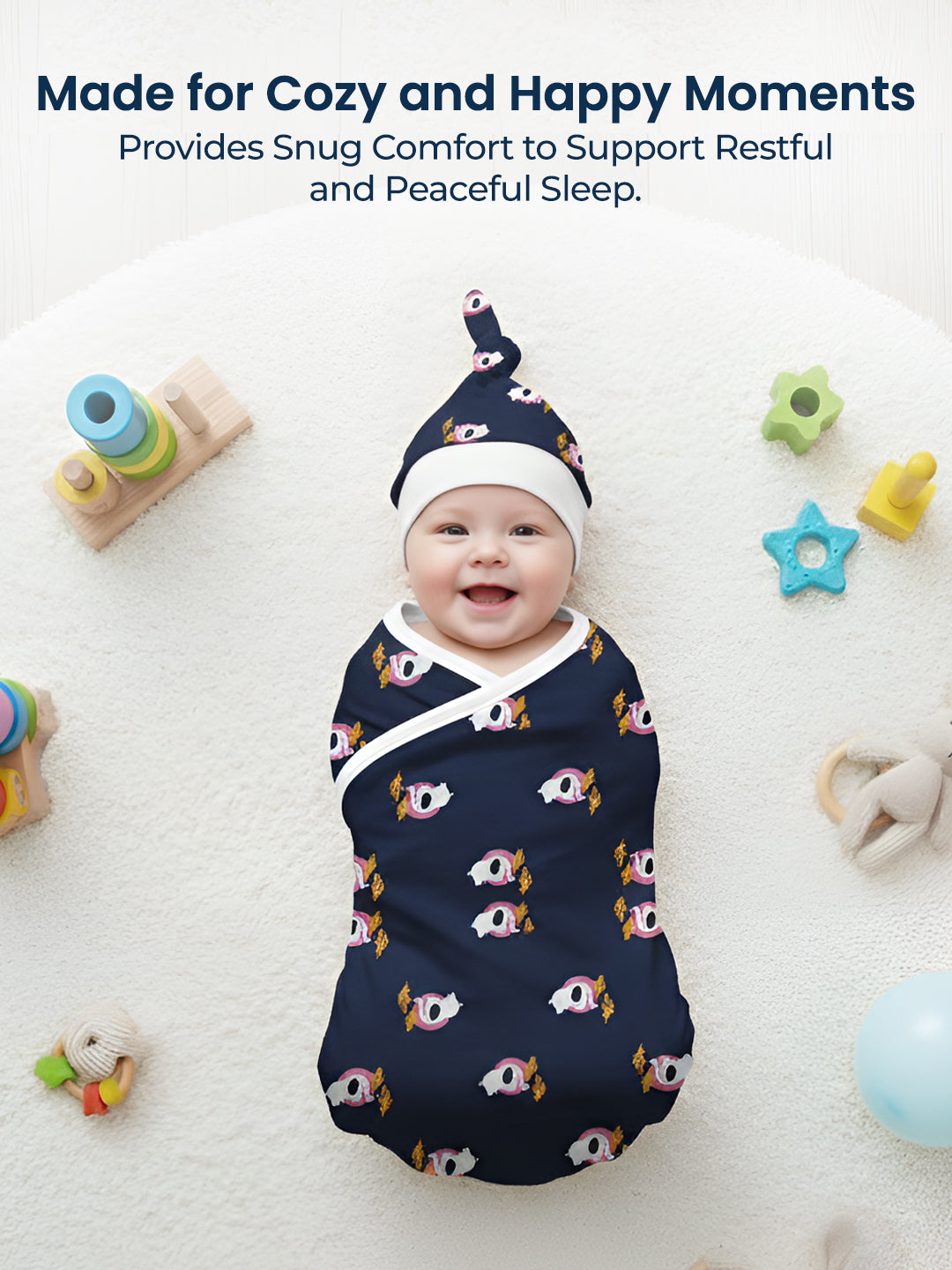 Polka Tots Elephant Print Swaddle wrap with Cap - Navy