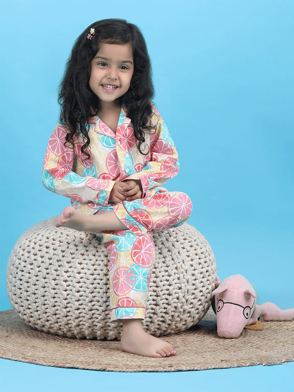 Polka Tots Full sleeves Lemon print Night Suit - Multicolor