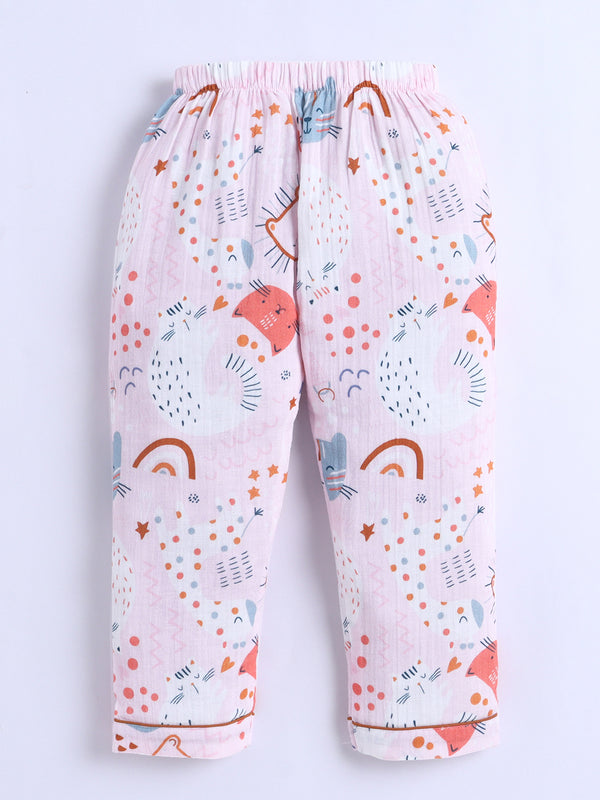 Polka Tots Half Sleeve Muslin print Night Suit- Pink