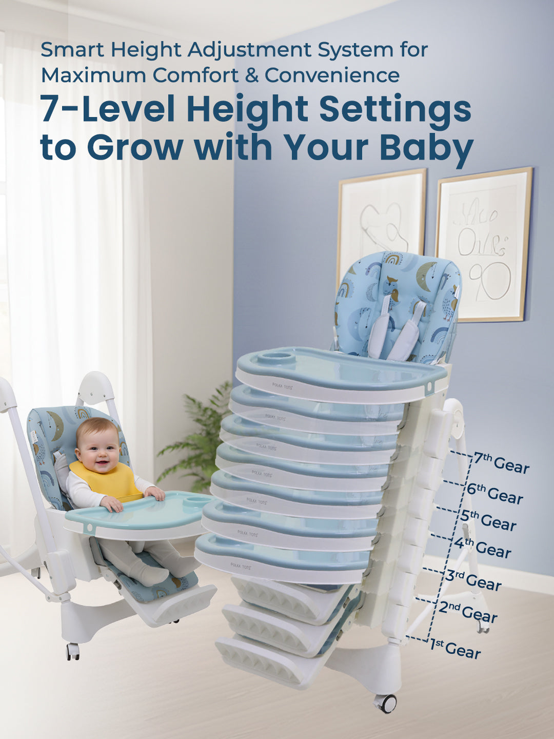 Baby high chair with adjustable height settings in a room setting