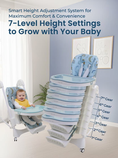 Baby high chair with adjustable height settings in a room setting