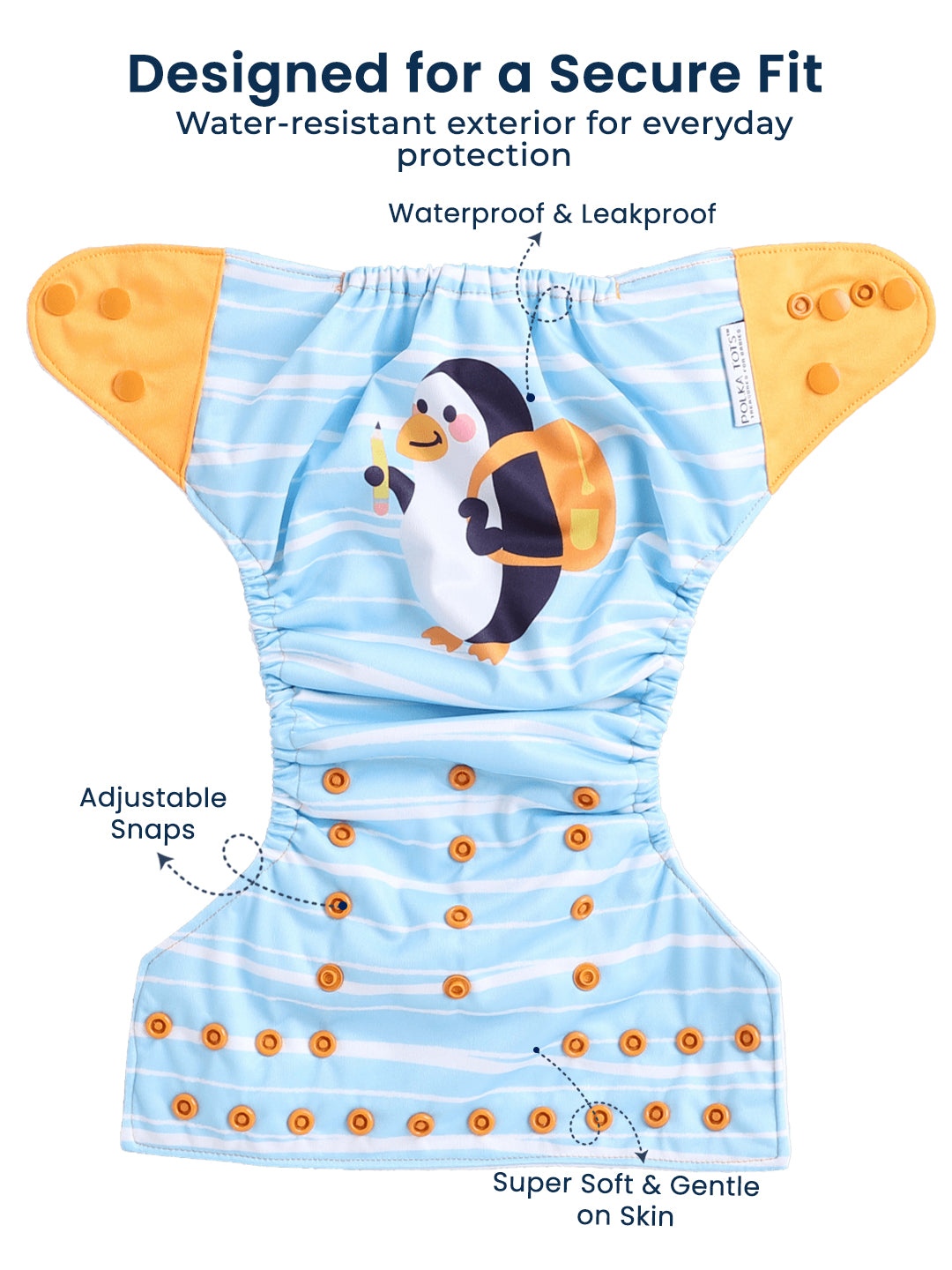 Waterproof diaper with penguin design and text highlighting features on a white background