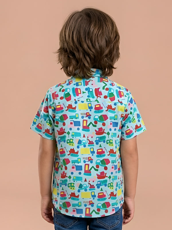Polka Tots Half Sleeve Shirt Car Print - Light Blue