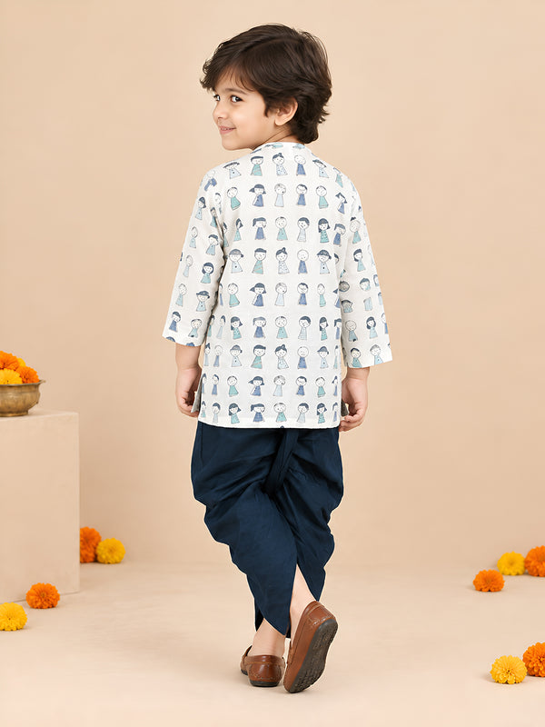 Polka Tots Cotton Full Sleeve Cartoon Print Angrakha Top With Dhoti - Navy