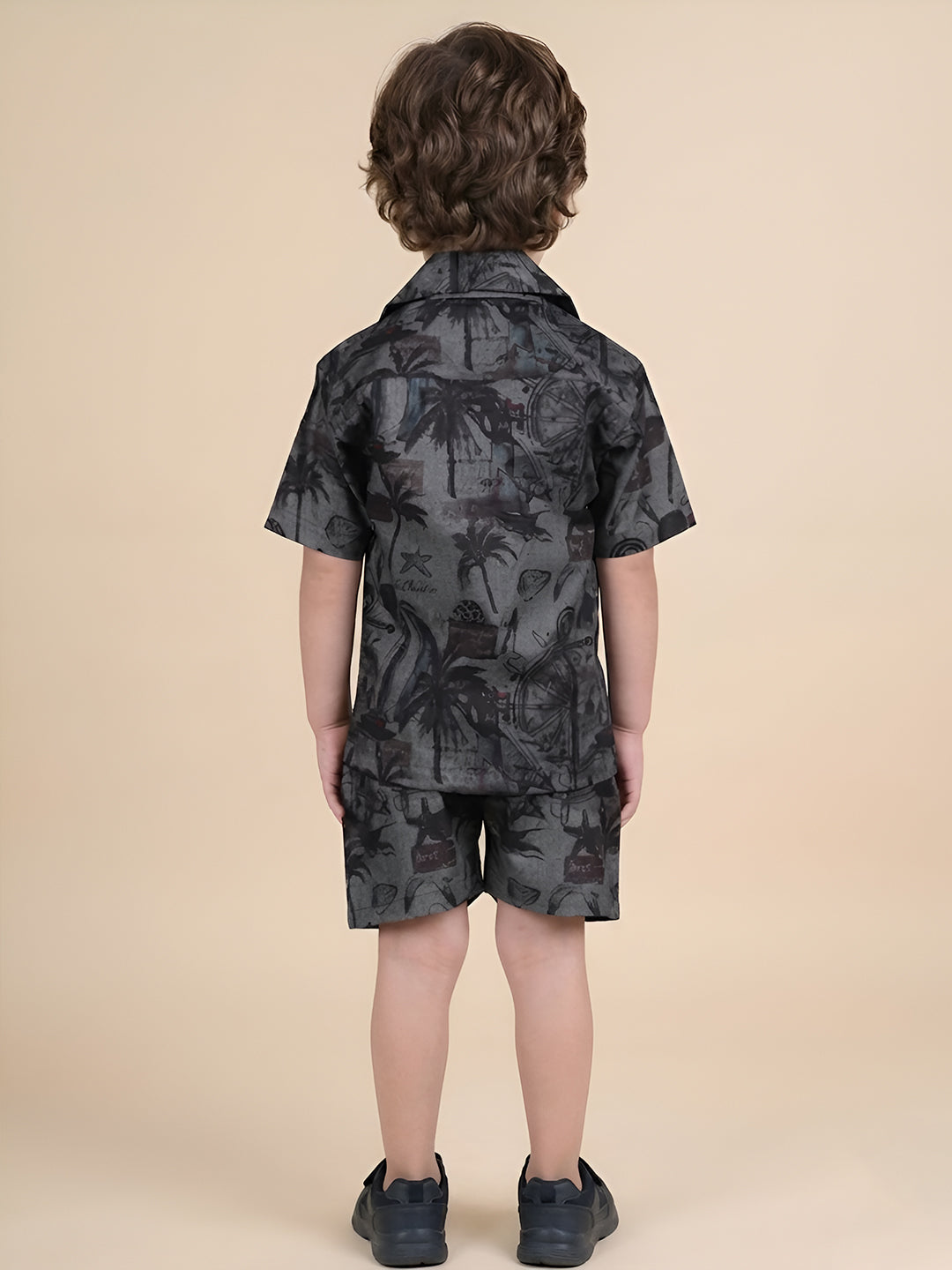 Polka Tots Half Sleeves Tropical print co-ord set - Black