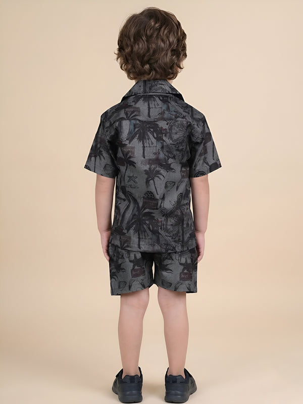 Polka Tots Half Sleeves Tropical print co-ord set - Black