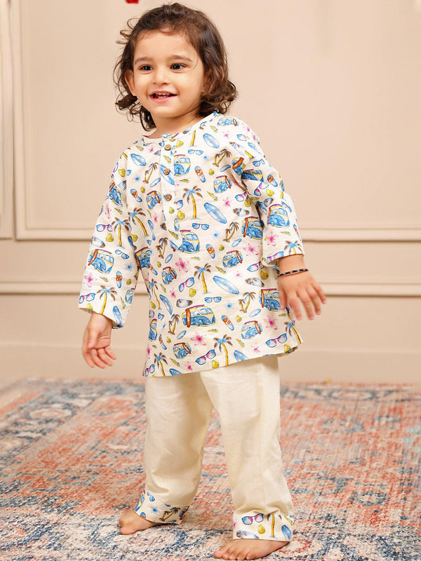 Polka Tots Car Print Full Sleeves Nightwear Kurta pyjama set - Cream