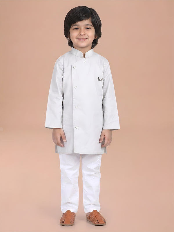 Polka Tots Full Sleeve Solid Ethnic Kurta Pyjama Set - Grey