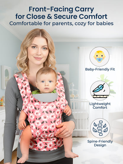 Woman holding a baby in a floral baby carrier with text about comfort and design.