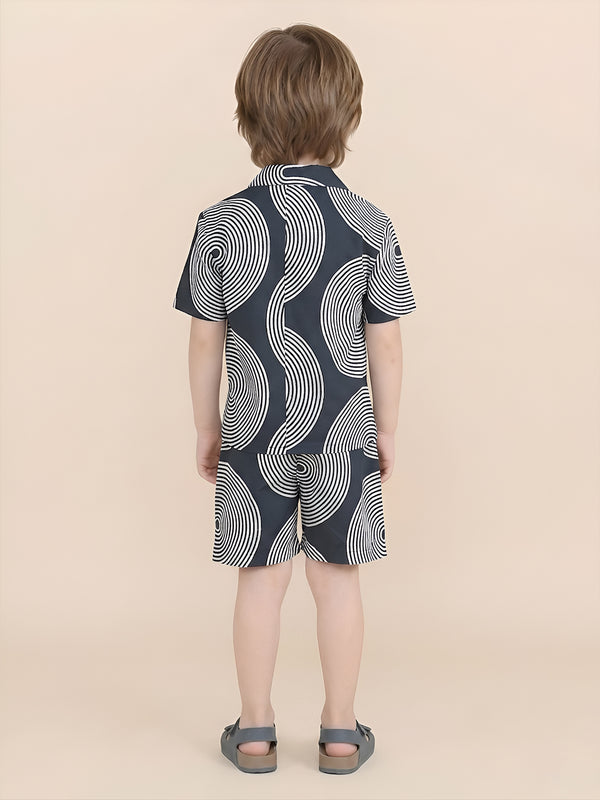Polka Tots Half Sleeves Geometric print Co-ords - Navy
