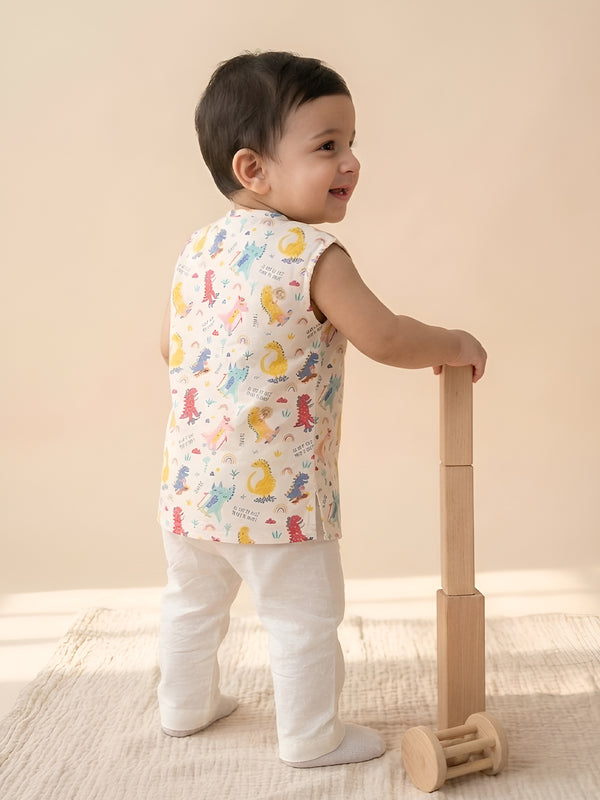 Polka Tots Cotton Sleeveless Dinosaur print Jhabla and Pant Set - Multicolor