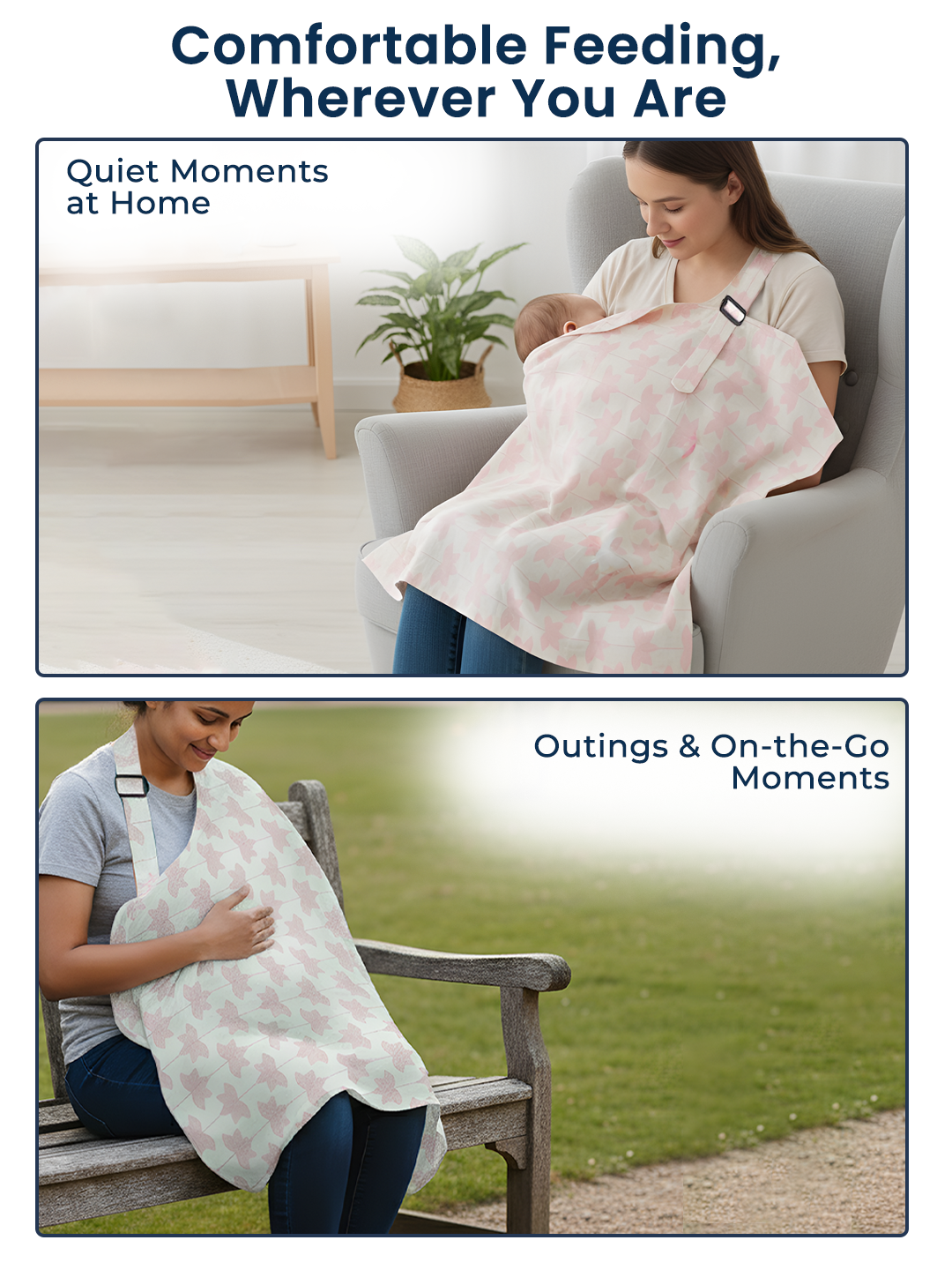Woman using a babywearing wrap in a home setting and outdoors.