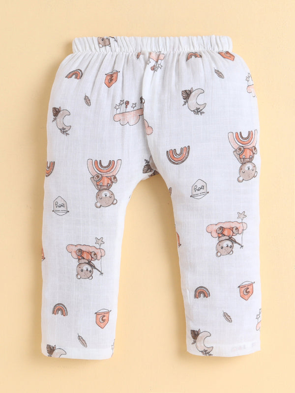 MulMul Sparsh Full Sleeve Teddy Bear Print Muslin Jabla & Pant Set - White