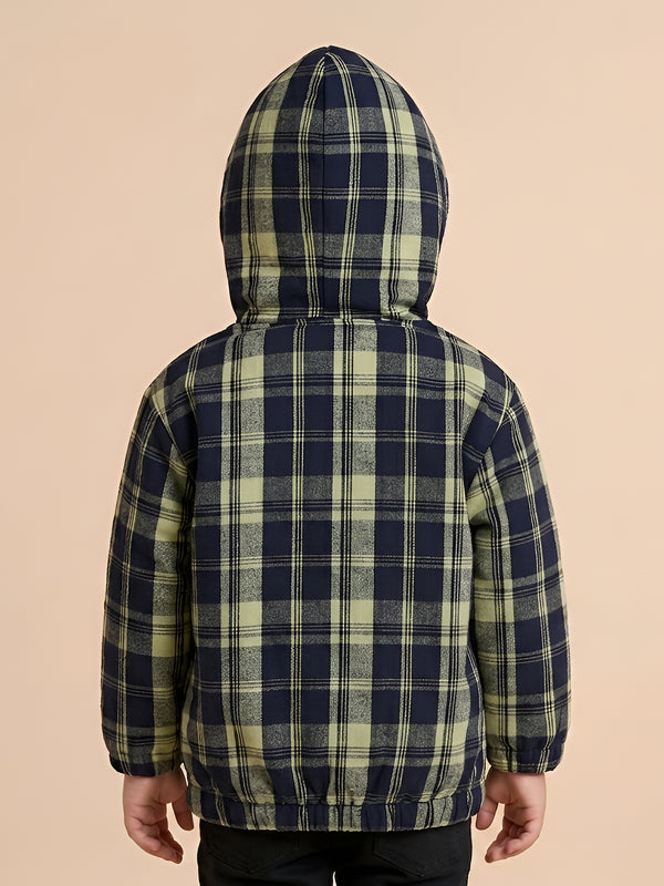 Polka Tots Kids Full Sleeves Checked Hoodie Shirt - Black and Green