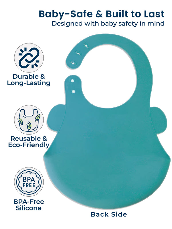 Polka Tots Waterproof Silicone Bibs with Pocket and Adjustable Snaps (Green Elephant)