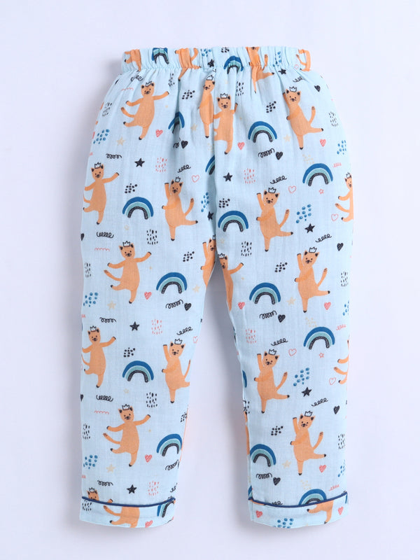Polka Tots Half Sleeve Muslin Dancing Cat Night Suit- Blue