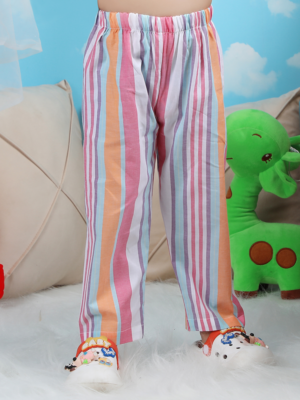 Polka Tots Half sleeves Stripes print Night Suit - Pink/Orange