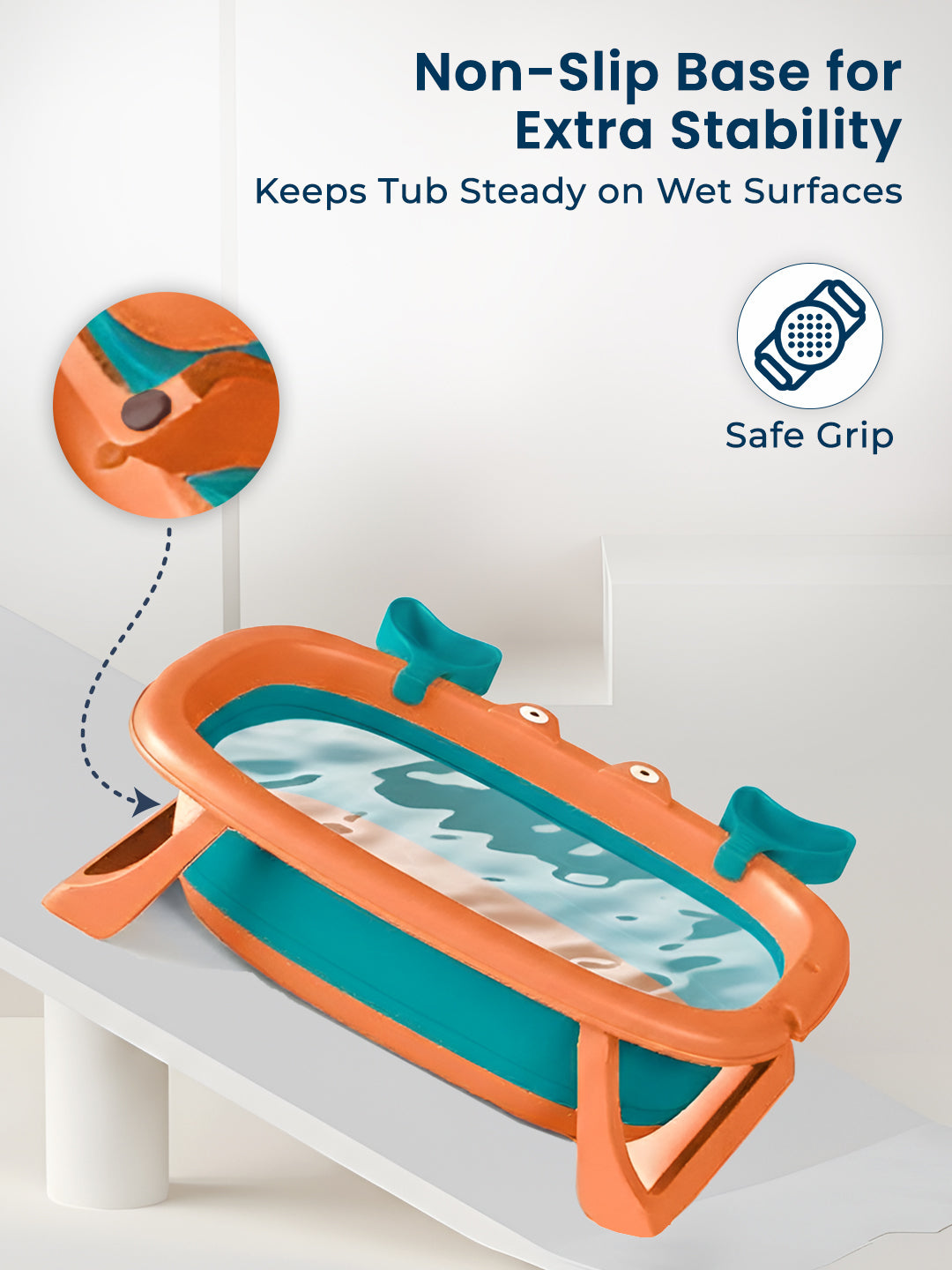 Orange and teal inflatable bathtub with non-slip base and safe grip feature on a white background.