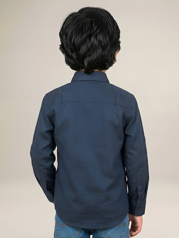 Polka Tots Full Sleeves Solid Shirt With Bow Tie - Navy Blue