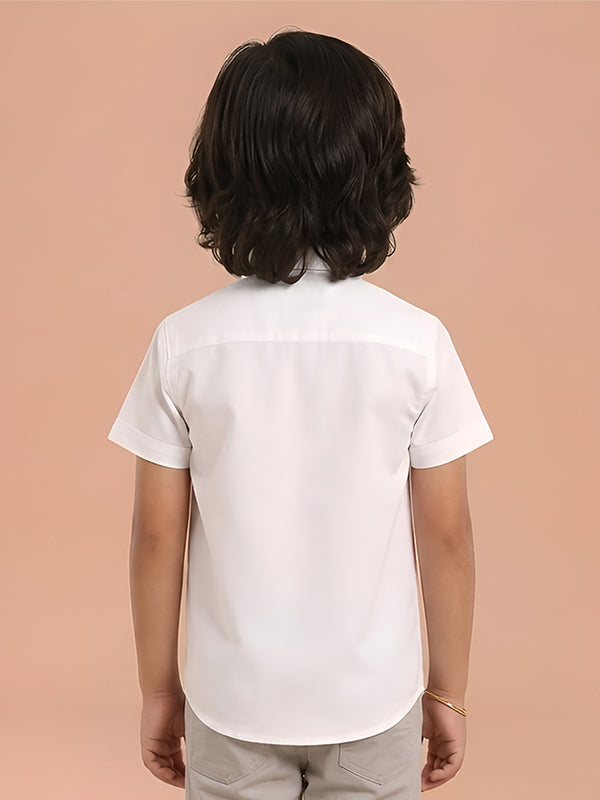 Polka Tots Half Sleeve plain Shirt with Dual Bow Tie - White