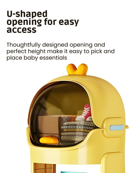 Yellow baby changing table with U-shaped opening on a white background