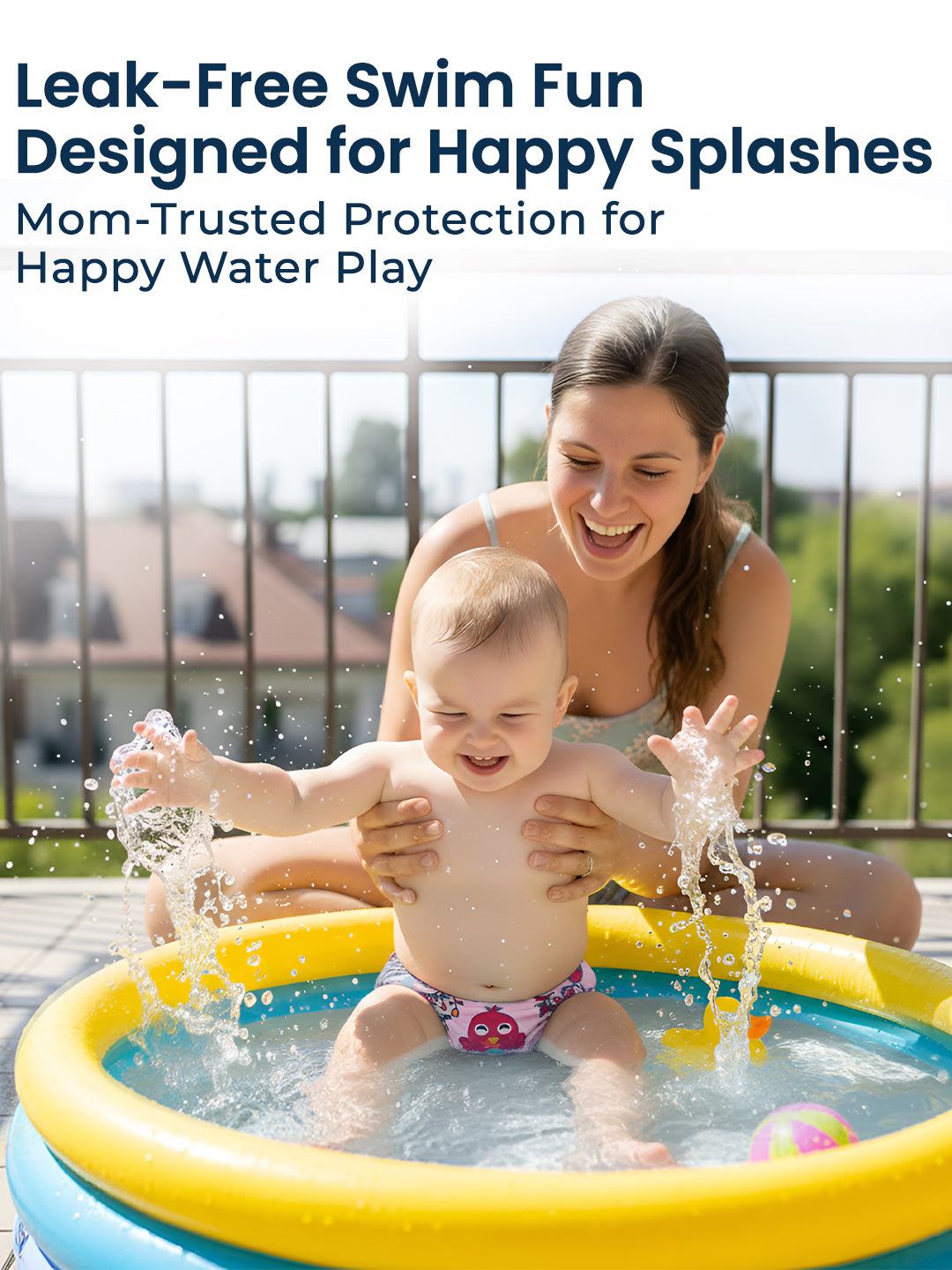 Woman and child playing in a small inflatable pool with text about leak-free swim fun and happy water play.