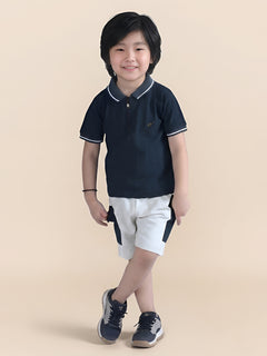 Polka Tots Half Sleeves Polo T-Shirt Shorts - Navy Blue