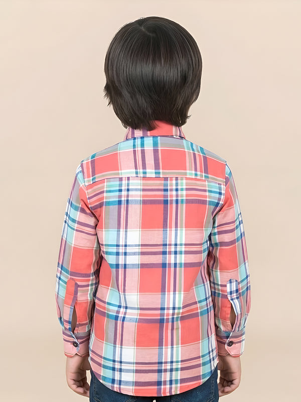 Polka Tots Full Sleeves Dads Copy print Checks Shirt - Coral