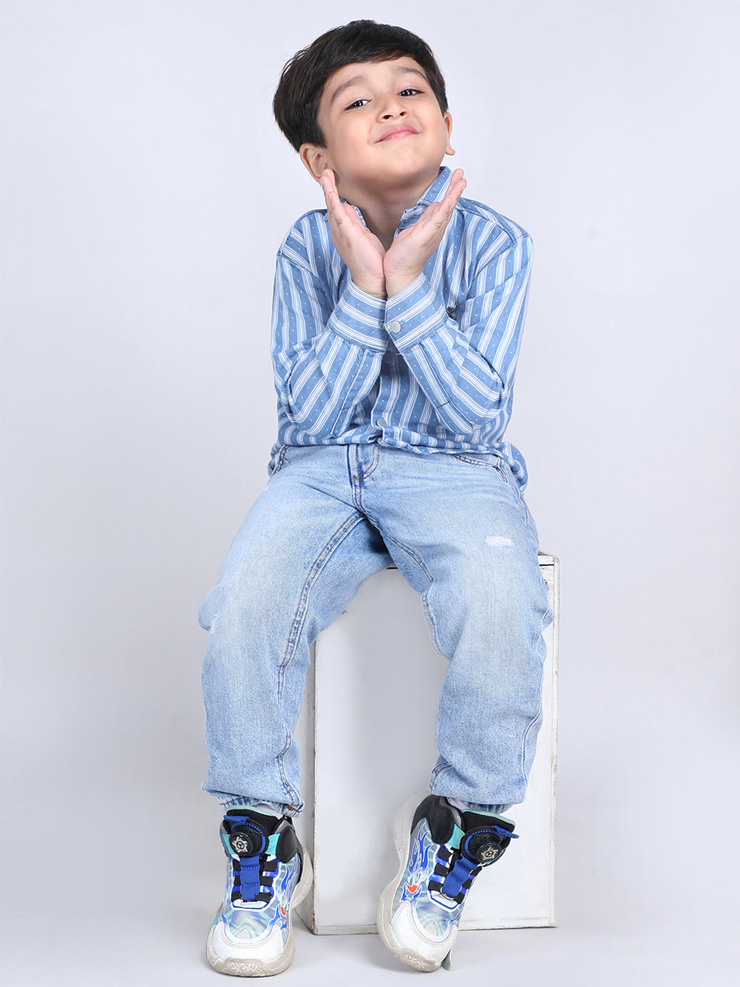 Polka Tots Full Sleeves Cotton Striped Shirt - Blue