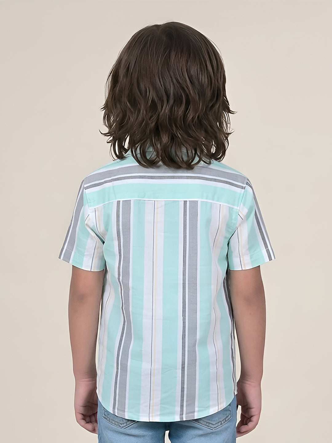 Polka Tots Half Sleeves Stripes Shirt - Aqua Blue and Grey