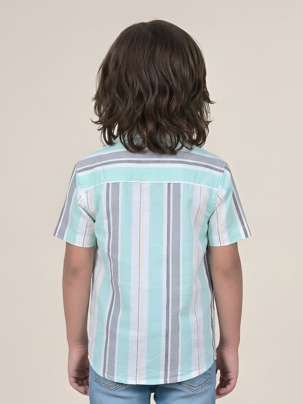 Polka Tots Half Sleeves Stripes Shirt - Aqua Blue and Grey