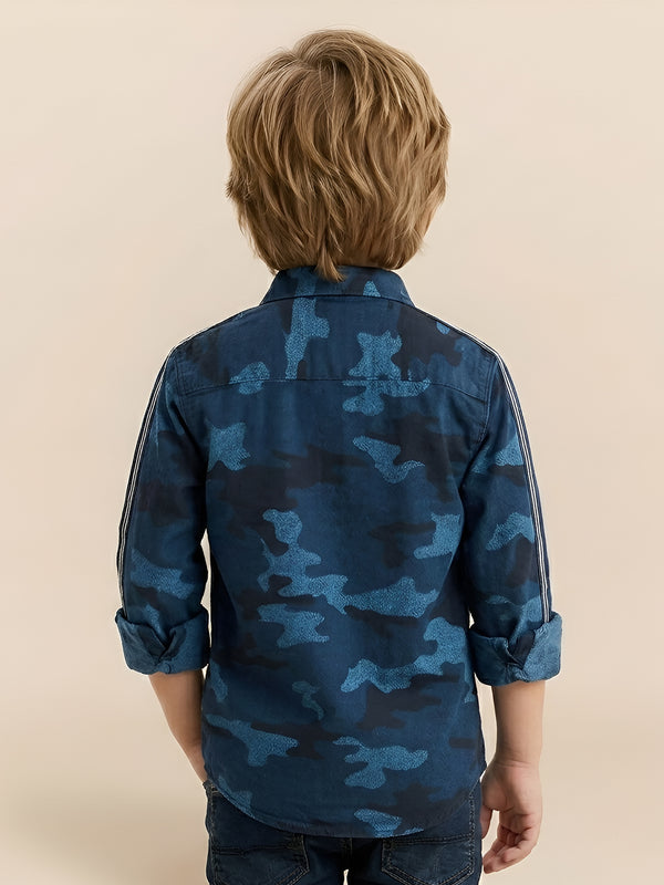 Polka Tots full sleeves shirt military print camouflage  patch  - Blue