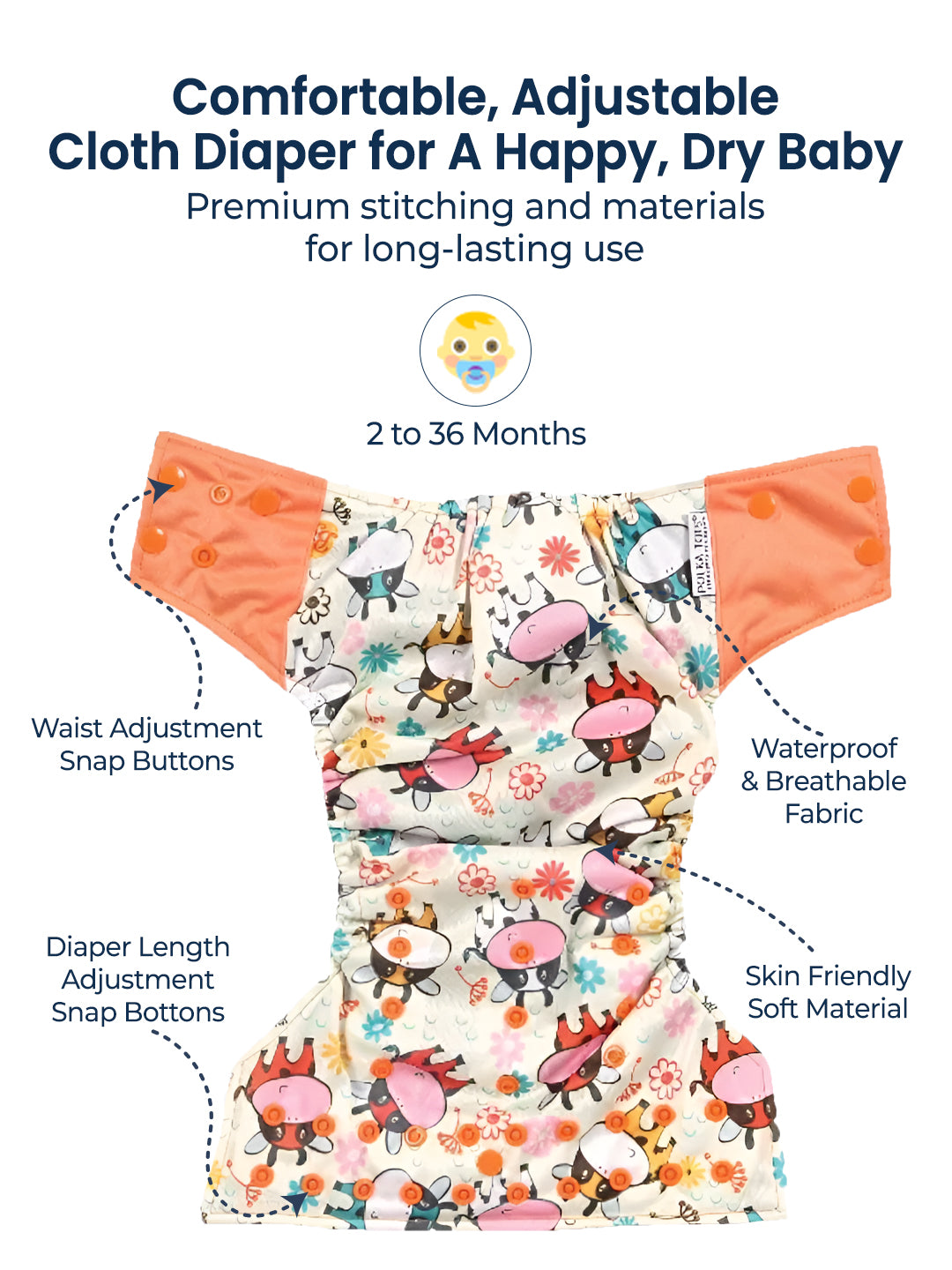 Patterned cloth diaper with text highlighting features on a white background