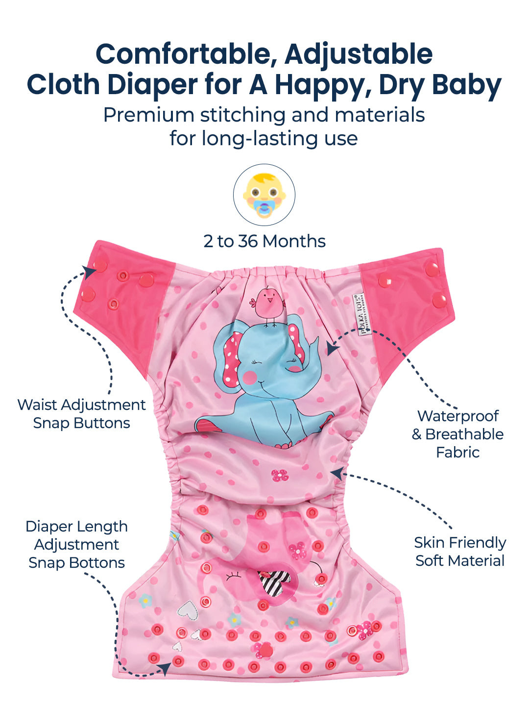 Pink cloth diaper with elephant design and text about features and age range