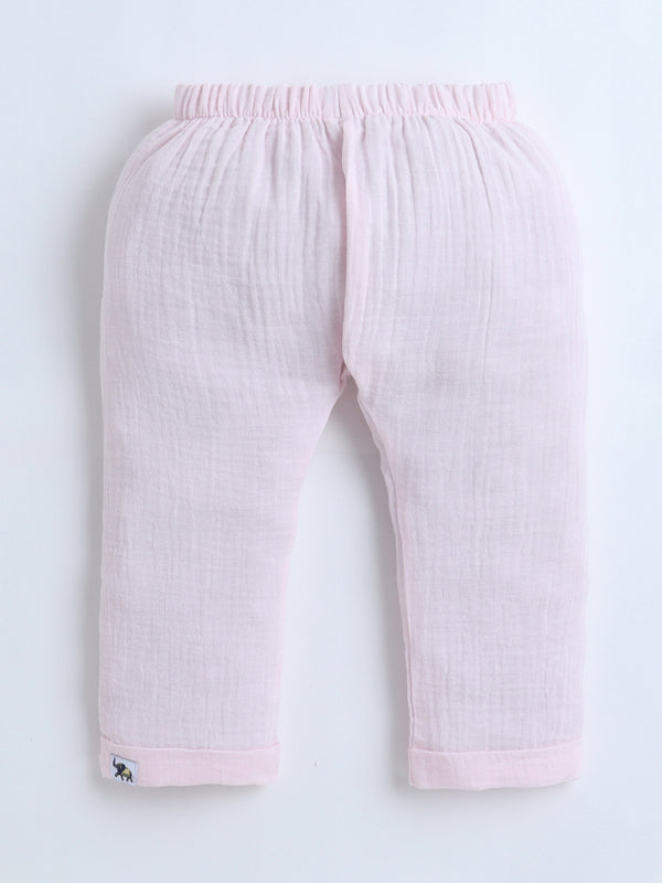 Polka Tots Crinkled Muslin Cotton Bear Pocket Patch Jhabla & Pant Set - Pink