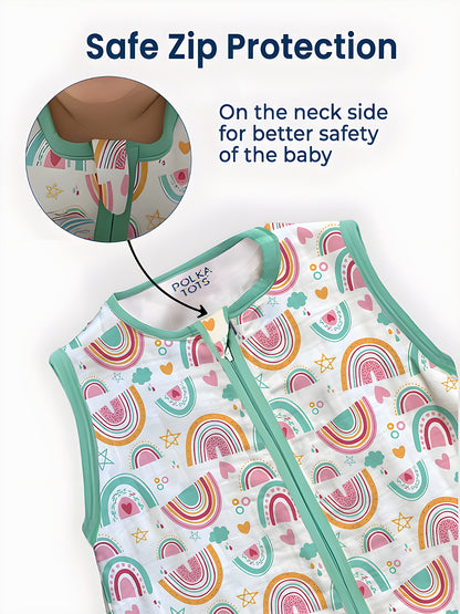 Polka Tots 100% Soft Cotton Rainbow Print Sleeping Bag with Cap - Multicolor